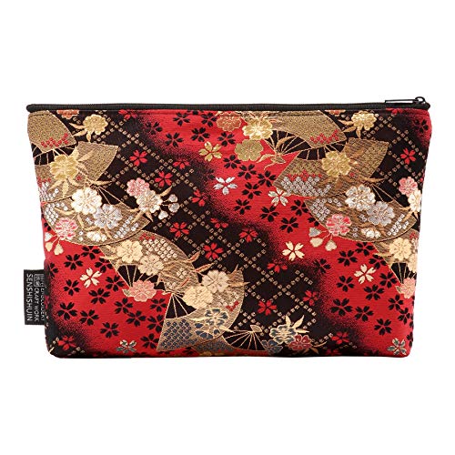 千糸繍院 Brocade zipper pouch, lined with Nishijin brocade, size M. (Beniogizakura)