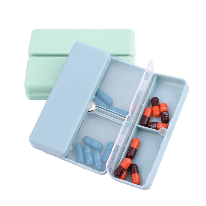 Xiaokeis 2 Pcs Pill Organizer, Travel Pill Organizer, Pocket Pharmacy with 7 Compartments Design, Magnetic Travel Pill Box Pill Dispenser, Portable Medicine Vitamin Holder Container(Blue+Green) Blue+green