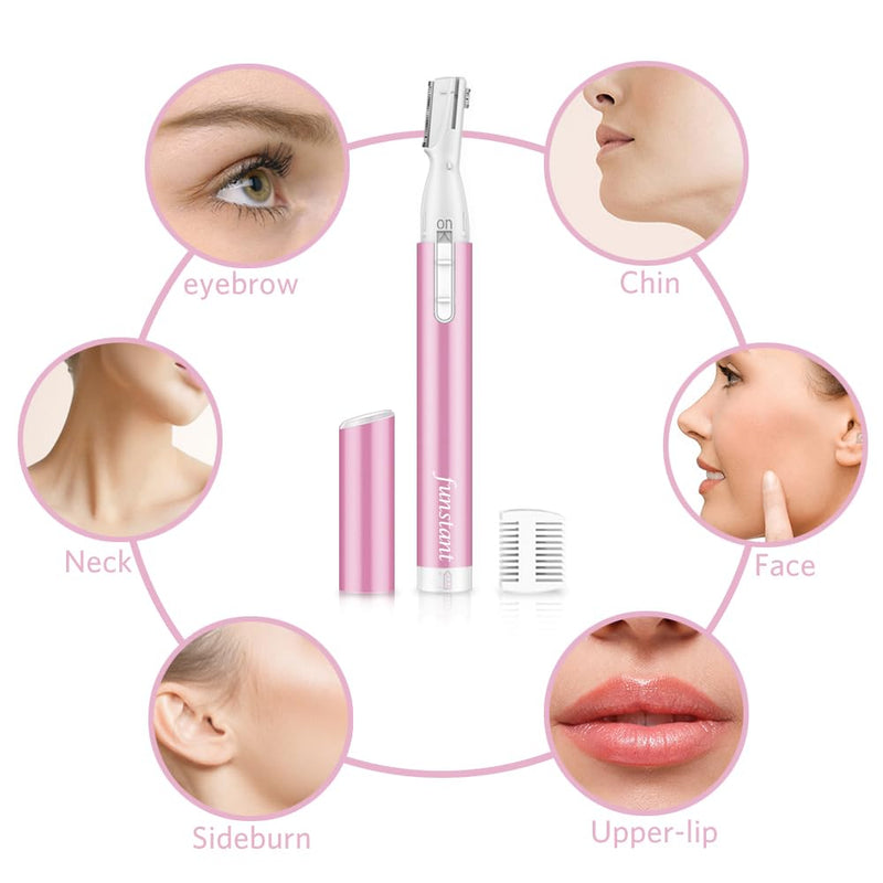 [Australia] - Funstant Precision Eyebrow Razor Battery Operated Eyebrow Trimmer for Face, Electric Facial Hair Trimmer for Women with Comb for Chin and Neck, No Pulling, Painless Pink Pink 