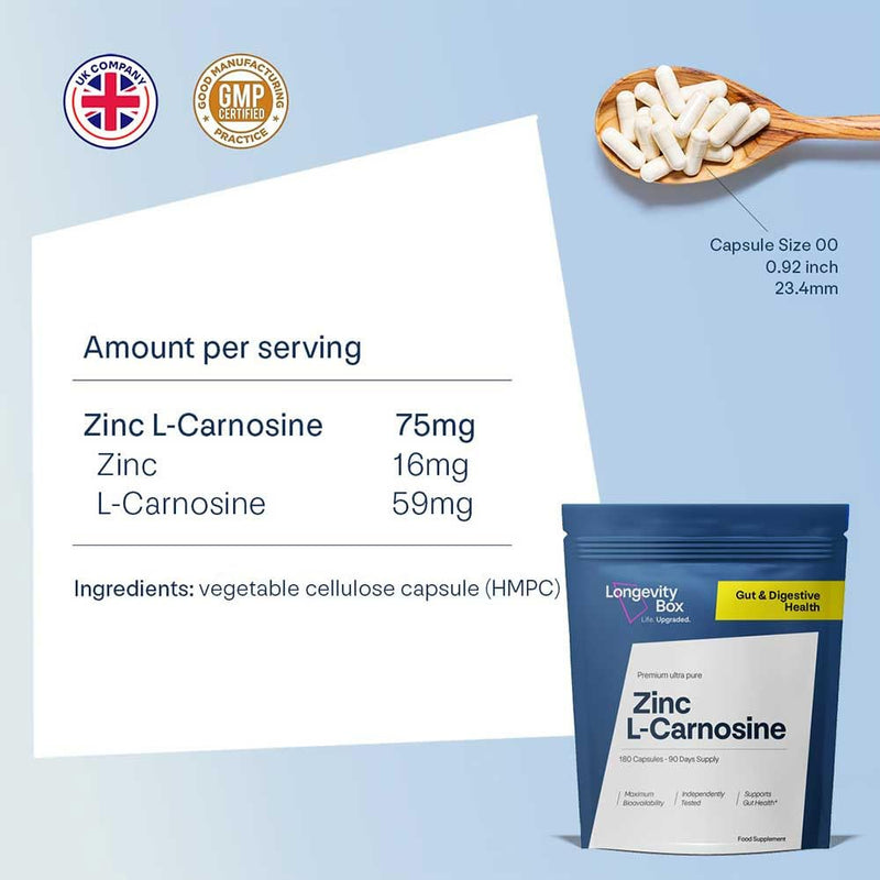 Zinc L-Carnosine Supplement - 75mg x 180 Capsules of Maximum Bioavailable Zinc L-Carnosine 2 Per Serving, Supports Gut Health, Nutrient Absorption, Digestive Comfort - 3 Months Supply 180 count (Pack of 1)
