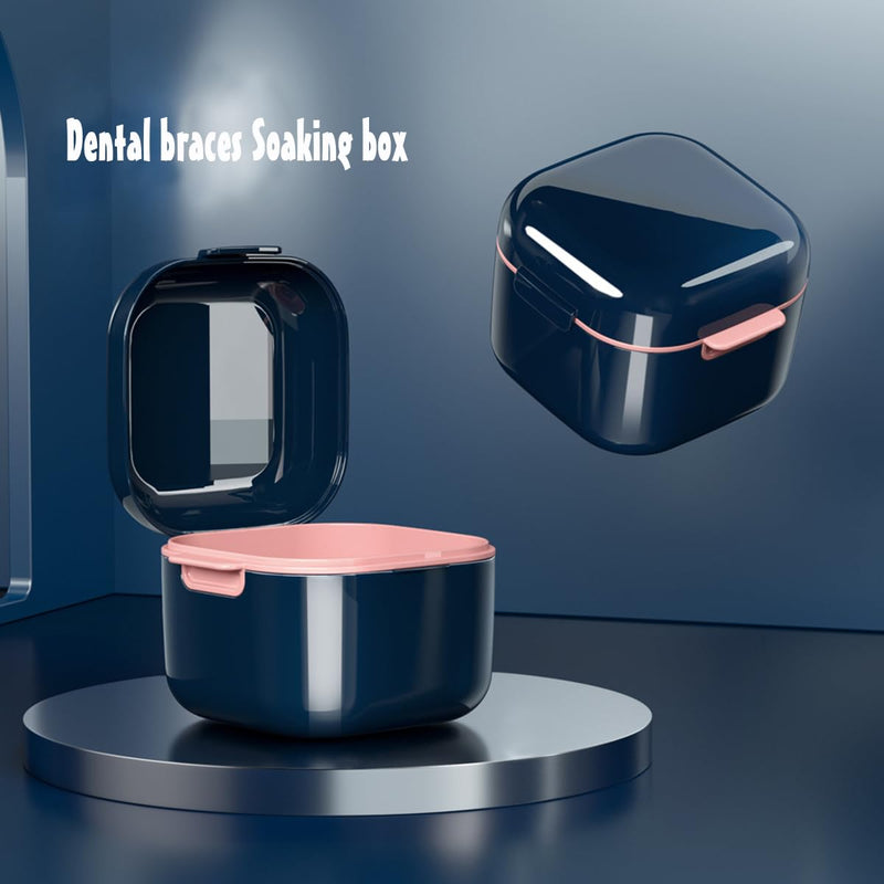 [Australia] - MURRI&MURRDI Retainer Case 2 Pack, Denture Case with Mirror, Denture Bath Box with Strainer Basket, Cute Denture Holder Mouthguard Storage Soak Container for Travel, Braces Cleaner Kit (C Dark Blue) C Dark Blue 