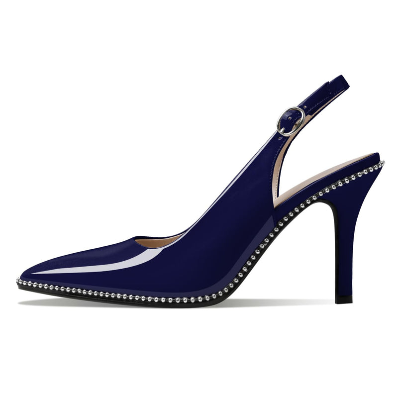 Zamikoo Women Beaded Pumps High Heel Slingback Pointed Toe Slip On 3.5 Inch Stilettos Ankle Strap Adjustable Buckle Patent Leather US Size 5 -Size 13 7 Navy