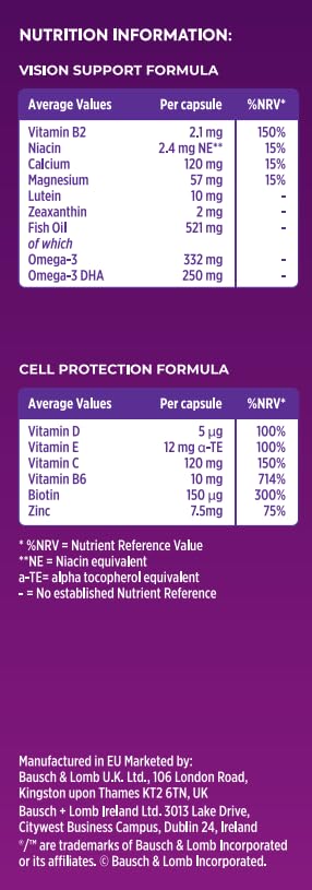 Ocuvite Cell Support Eye Supplement - Supports the Visual System & Cell Protection by Bausch + Lomb – Lutein and Zeaxanthin Supplement with Omega 3 DHA, Vitamin E and Zinc, 2 Capsules Per Day