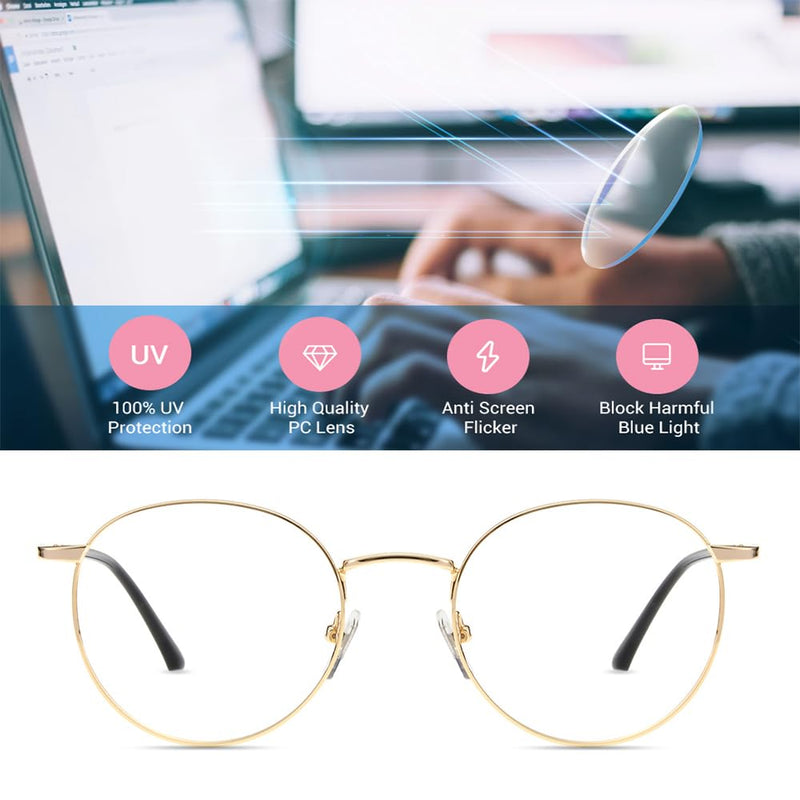 [Australia] - Firmoo Blue Light Filter Glasses Women Men Round Anti Blue Light Computer Glasses without Prescription for PC/Mobile Phone/TV Anti Eye Fatigue Gold 0.0x 