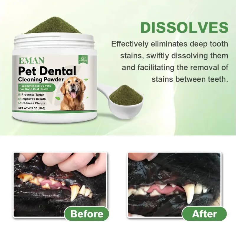 EMAN Dog Teeth Cleaning Powder - Dental Powder for Dogs, Dog Breath Freshener - Targets Tartar, Reduces Plaque & Bad Breath - Suitable for Small, Medium, and Large Dogs (120g) - PawsPlanet Australia