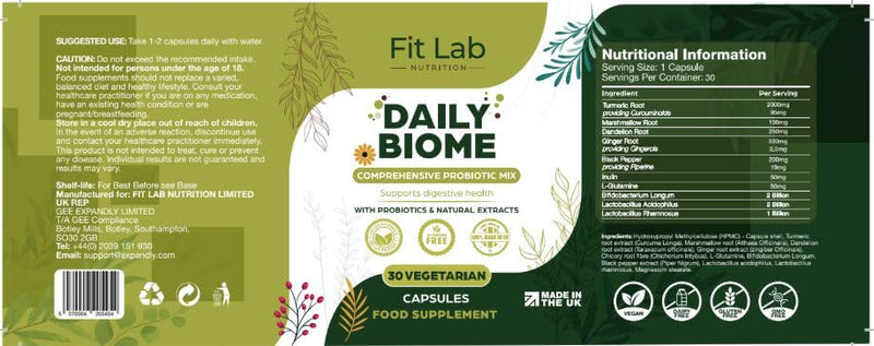 Fit Lab - Daily Biome, Gut Health Support, 30 Capsules - Botanical-Enhanced Gut Support with Live Cultures, Prebiotic Fibre, L Glutamine & Traditional Botanicals - Complete 5-in-1 30 count (Pack of 1)