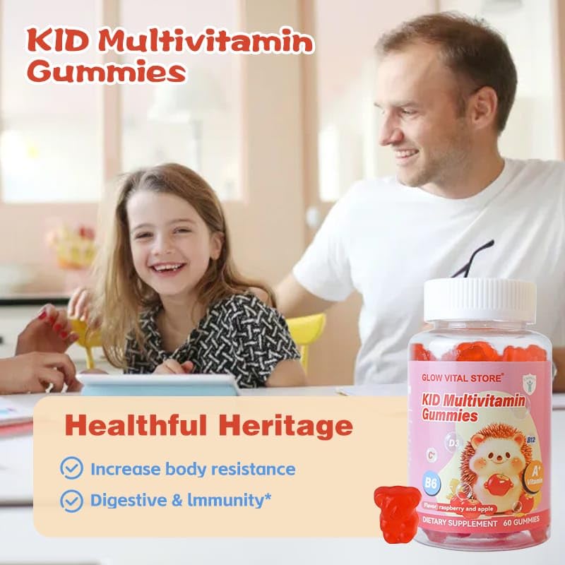 Kids Multivitamin Gummies – Vitamins A, C, D3, B6, B12 for Immune & Brain Support – Raspberry & Apple Flavor – Vegan, Non-GMO, Gluten-Free – 60 Gummies – Glow Vital Store (1) 1