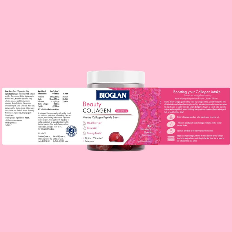 Bioglan Collagen Gummies | 1000mg | Hydrolysed Marine Collagen | Biotin | Selenium & Vitamin C | Strawberry Flavoured | 60 Gummies Single