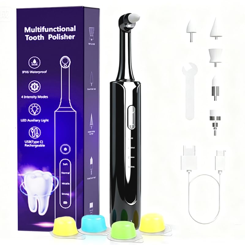 Electric Tooth Polisher,Tooth Polishing Kit for Cleaning and Polishing, Dentist Grade Tooth Polisher with LED Light, Rechargeable Teeth Polisher with 5 Brush Heads, 4 Speed Modes,IPX6 Waterproof