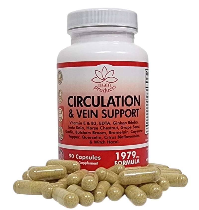 Circulation & Vein Support Supplement - Vitamins E & B3, Ginkgo Biloba, Horse Chestnut, Gotu Kola, Grape Seed, Butcher's Broom & Citrus Bioflavonoids - 1979 mg Formula - 90 Capsules - 30 Days Supply.