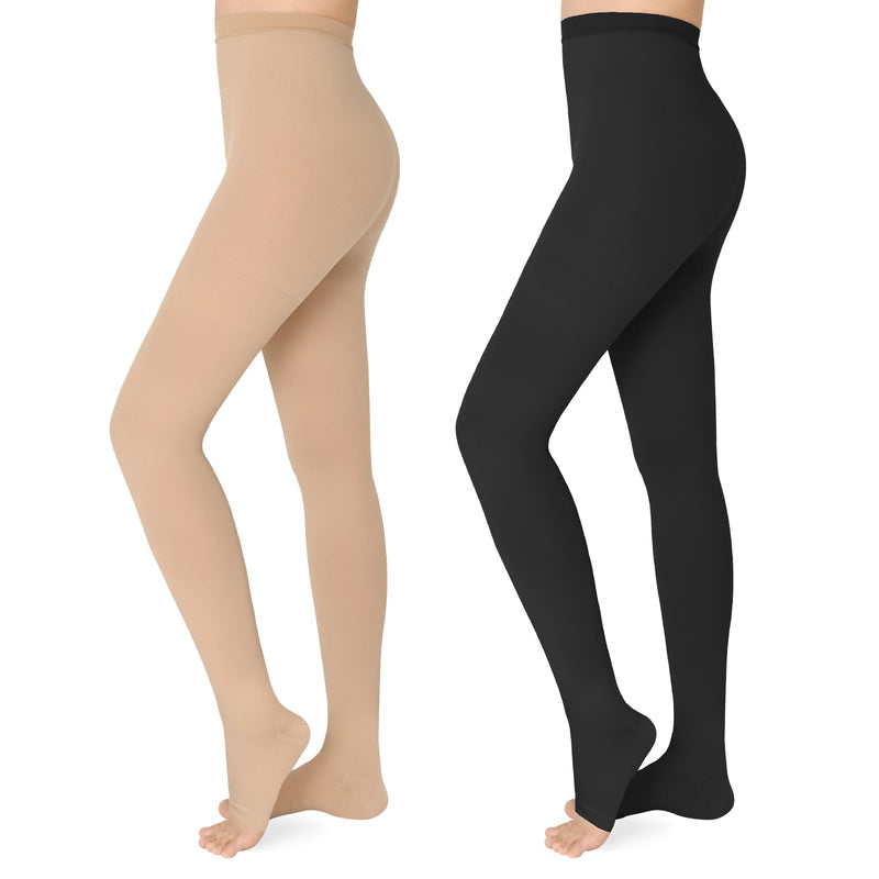 [Australia] - 20 - 30mmHg Compression Pantyhose,1 Pair or 2 Pairs Comfortable Compression Leggings,Open Toe Design,Medical Waist High Compression Stockings for Edema, Varicose Veins, Swelling, Pregnant,Nurses, Athletes(Open Toe) XX-Large 2/Black*Beige 