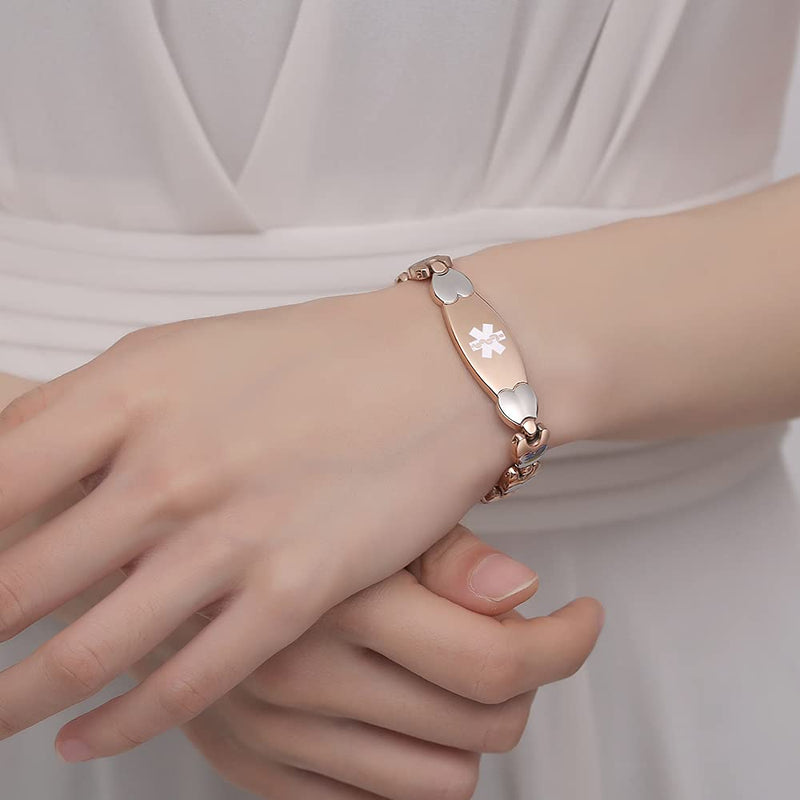 [Australia] - LinnaLove Double Heart Medical id Bracelet for Women 7 1/2 inches Fashion Stainless steel Medical alert bracelets type 2 diabetes rose gold-type 2 diabetes 