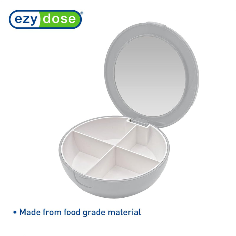 Ezy Dose Round Travel Compact Pill Organizer with Built-in Mirror, Gray | Compact and Portable Medication Case for Daily Vitamins, Pills, and Medicine Management, Ideal for Travel and On-The-Go Use Small Mirrored Case