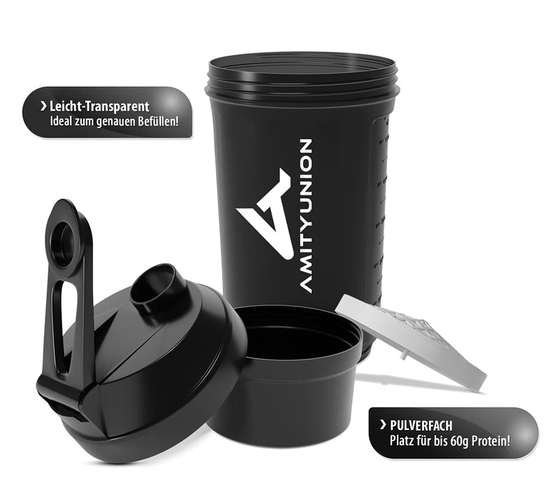 [Australia] - AMITYUNION protein shaker FYRA 700 ml with container - powder compartment - protein shaker, BPA free with sieve and scale for whey and BCCA shakes, gym fitness cup isolate diet sport midnight black 