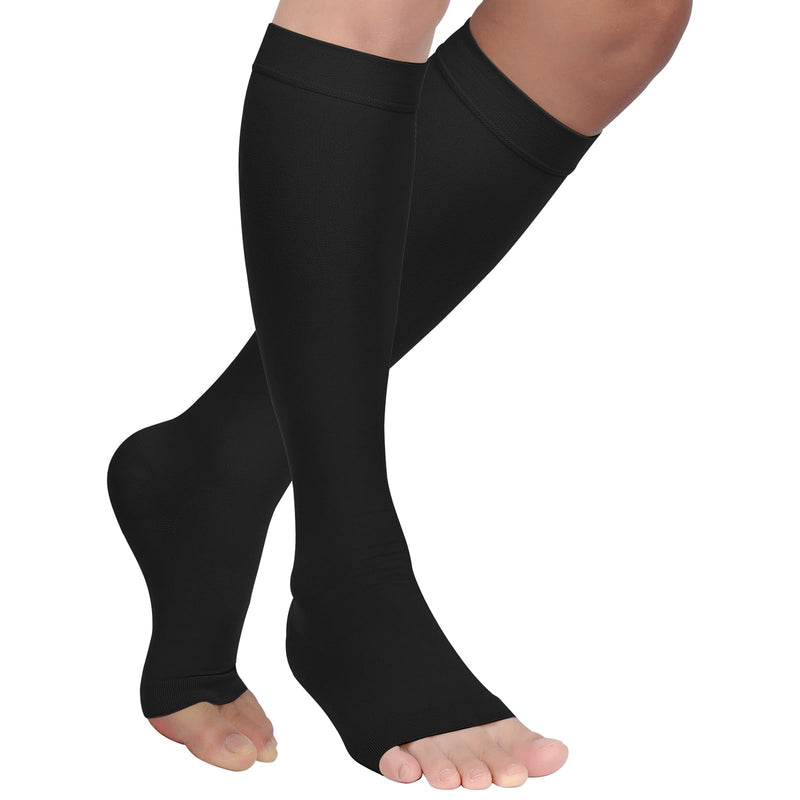 [Australia] - MGANG® 20-30 mmHg Compression Stockings for Men and Women, 2 Pairs Medical Compression Socks, Knee High Length, Open Toe, Opaque, Support Hose for Varicose Veins, Oedema, Swelling, Black XX-Large 1 Pair Black + 1 Pair Black 