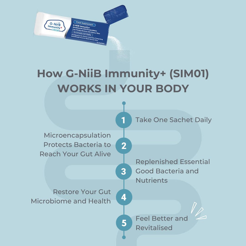 G-NiiB Immunity+ (SIM01) | Digestive Probiotics and Prebiotics with Zinc, Vitamin B6 and B1 for Immunity and Energy | 7 sachets