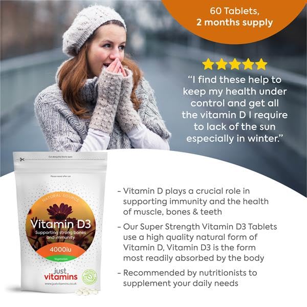 Vitamin D3 4000iu (100µg) | 60 Tablets | High Strength Cholecalciferol | Supports Immune System, Bone & Muscle Health | Easy to Swallow | UK Made Premium Quality | Just Vitamins
