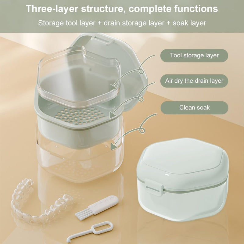 [Australia] - GmeDhc Braces box with strainer, portable denture box cover, invisible braces storage box, triple hollow drain, denture box, for holder, cleaning box light green 
