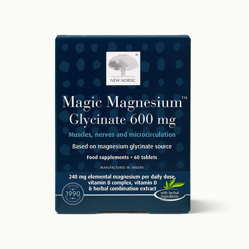 New Nordic Magnesium Glycinate, 600 mg Extra Strength, Sleep & Muscle Support for Women & Men, Pine Bark & Long Pepper Extract, 60 Tablets (Pack of 1) 60 Tablets (Pack of 1)