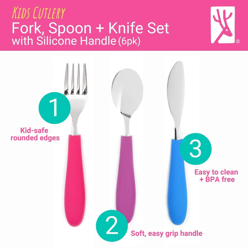 [Australia] - Elk and Friends Kids Silverware with Silicone Handle | Childrens Safe Flatware | Kids Utensils | Spoon + Fork + Knife set | 4 years+ | 6 Pieces Sage/MistyBlue 