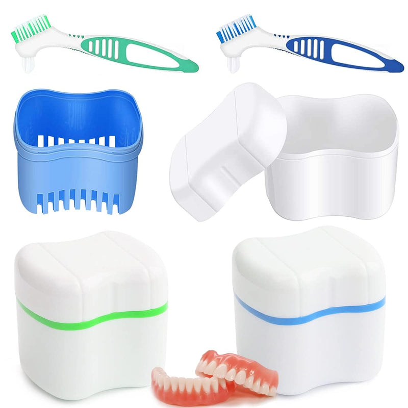 [Australia] - Prosthesis box, denture case, denture container, for false teeth storage cleaning, for orthodontic box, 2 pieces braces box + 2 denture cleaning brushes, green + blue 