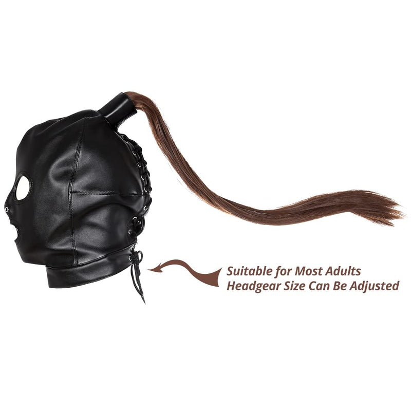 [Australia] - PU Leather Bondage Mask Hood SM Sex Toy with Removable Wig, Unisex Adult Eyes Mouth Open Black Restraint Headgear Mask Hood Breathable Blindfold Face Cover Blindfold Cosplay 