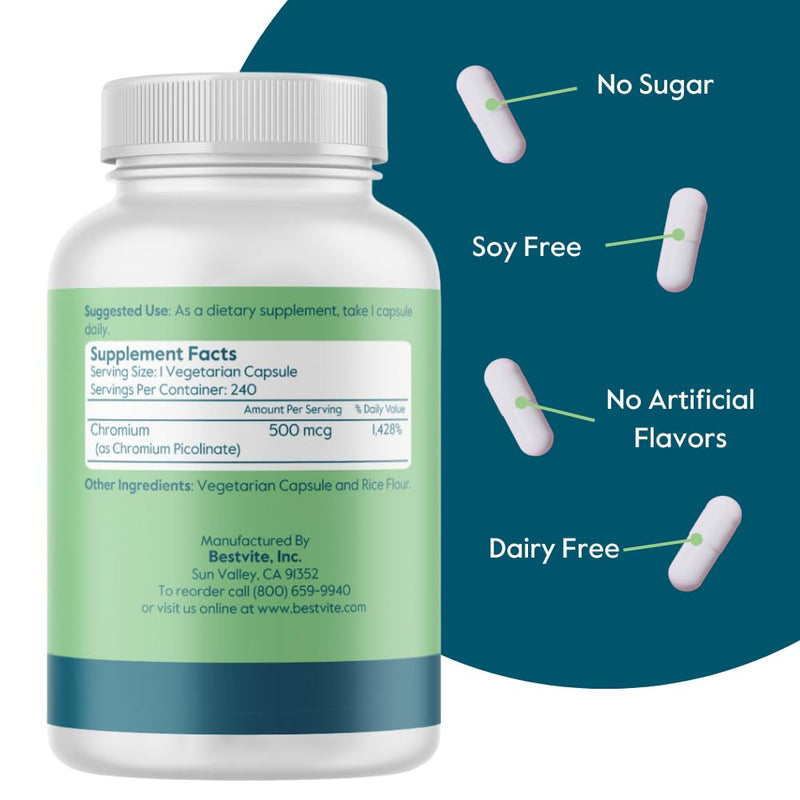 [Australia] - BESTVITE Chromium Picolinate 500mcg (240 Vegetarian Capsules) - No Stearates - No Dicalcium Phosphate - Vegan - Gluten Free - Non-GMO 240 Count (Pack of 1) 