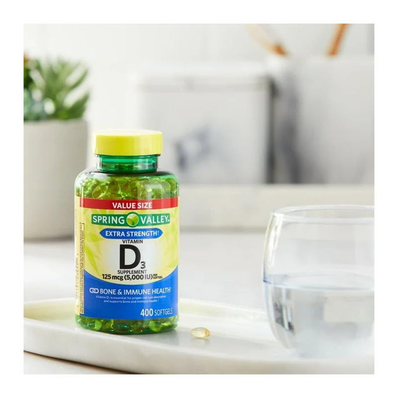 Vitamin D3 Spring Valley Softgels, 125 mcg per Softgel, 5,000 IU, 400 Count, and Gift Ice Roller for Face
