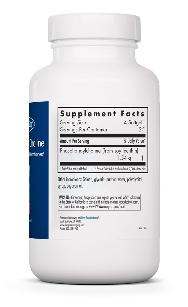 [Australia] - Allergy Research Group Phosphatidyl Choline Supplement – Lecithin Capsules, Digestive Enzymes for Liver, Fat Digestion Support, Choline Supplements for Fatty Liver, 1540mg Softgels – 100 Count 