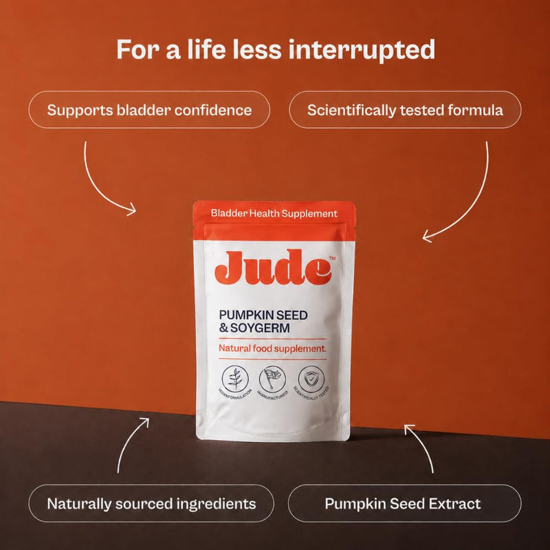Jude Bladder Health Tablets Pouch As Seen On Dragons' Den, Science-Backed Supplement, Nourish Your Pelvic Floor, Made in UK, Vegan & Gluten Free, Pumpkin Seed Extract & Soy Germ Extract, 60 Capsules 60 count (Pack of 1)