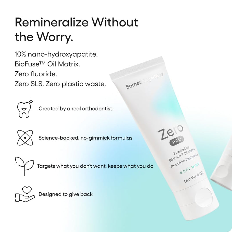 Something Nice Zero Pro Toothpaste - 10% Nano Hydroxyapatite Toothpaste Fluoride Free with BioFuse Oil Matrix, Remineralizing, Whitening and Enamel Repair for Sensitive Teeth, Adults & Kids, Mint, 4oz