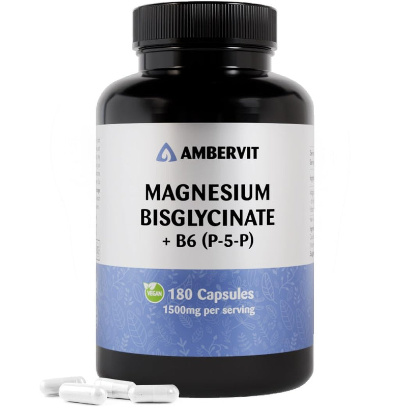 Magnesium Glycinate with Vitamin B6 P-5-P – 180 Vegan Capsules – 1500mg Bisglycinate, 300mg Elemental Magnesium – High Strength Chelated Formula – 2 Months Supply – Made in EU