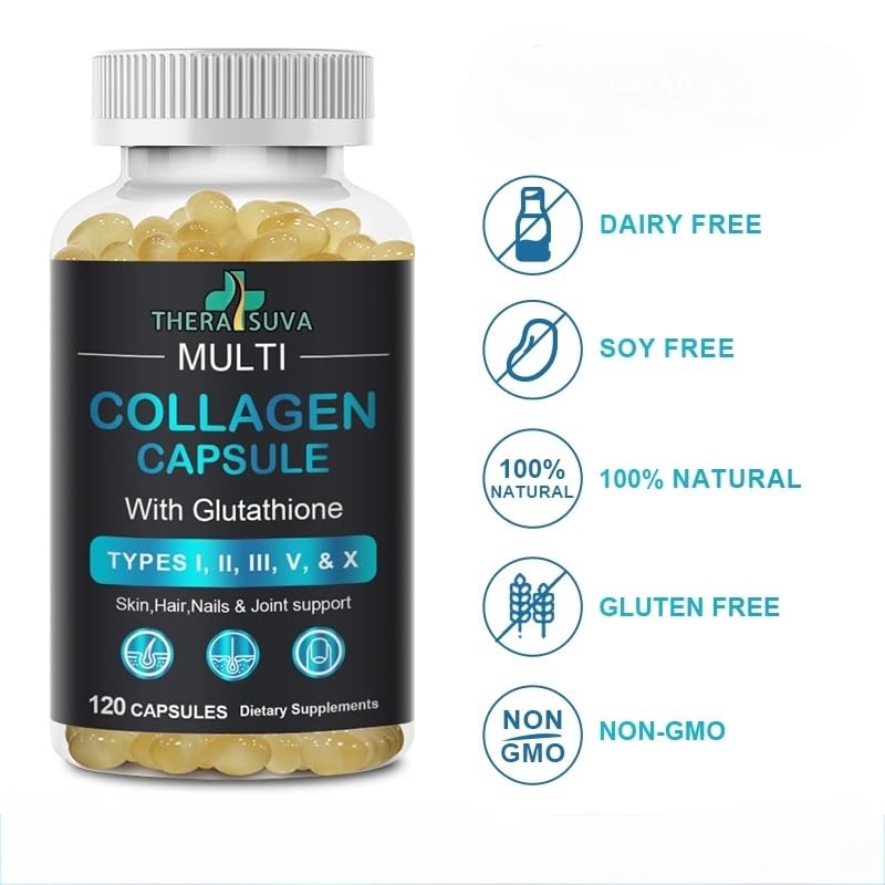 TheraSuva Complete Multi Collagen Complex – Types I, II, III, V & X + Biotin & Vitamin C – Hair, Skin, Nails & Mobility Support, 2 Month Supply, 120 Softgels