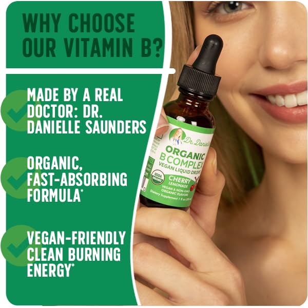 Organic Vitamin B Complex Liquid Drops | B Vitamins Complex Supplement with B3, B6, B7, B9 & Methyl B12 Drops for Adults & Kids | Vegan Cherry Flavor 1oz | 60 Servings / 2 Month Supply