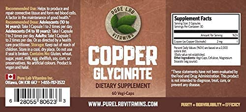 [Australia] - Pure Lab Vitamins Copper Glycinate Mineral Supplement -1 mg - 60 Vegan Caps Essential for Collagen Production, Supports Immune System & Red Blood Cell Formation - Gluten Free Made in Canada 