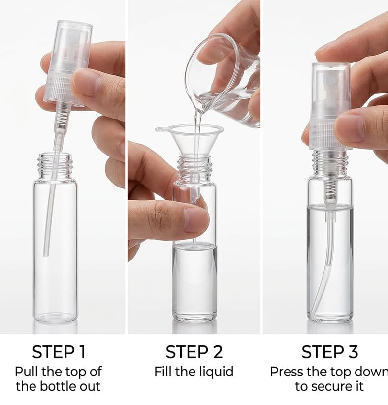 320 Pcs Mini Spray Bottles with 10 Perfume Dispensers, 10 Droppers, and 10 Funnels, Clear Refillable Glass Perfume Atomizer for Travel, Fragrance, Scent Samples, and Pocket Dispensers (10ml)