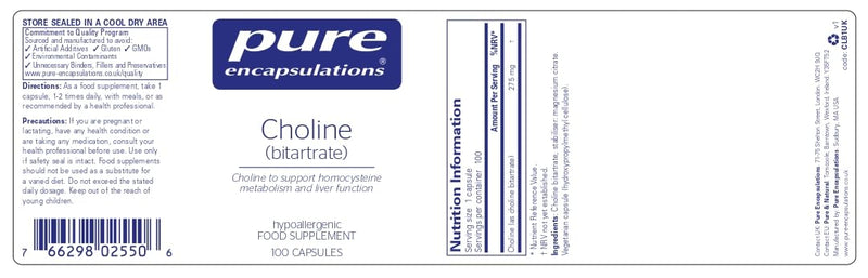 Pure Encapsulations Choline (Bitartrate) - for a Normal Liver Function & Metabolism - Supplement with high-dose Choline - 100 Capsules