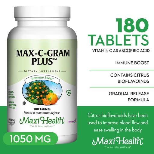 Maxi Health Max-C-Gram Plus – Buffered Vitamin C Tablet 1050mg with Bioflavonoids – High Dose Vitamin C for Collagen & Immune Support – Non-Acidic, Gentle on Stomach – 180 Tablets Unflavored 180 Count (Pack of 1)