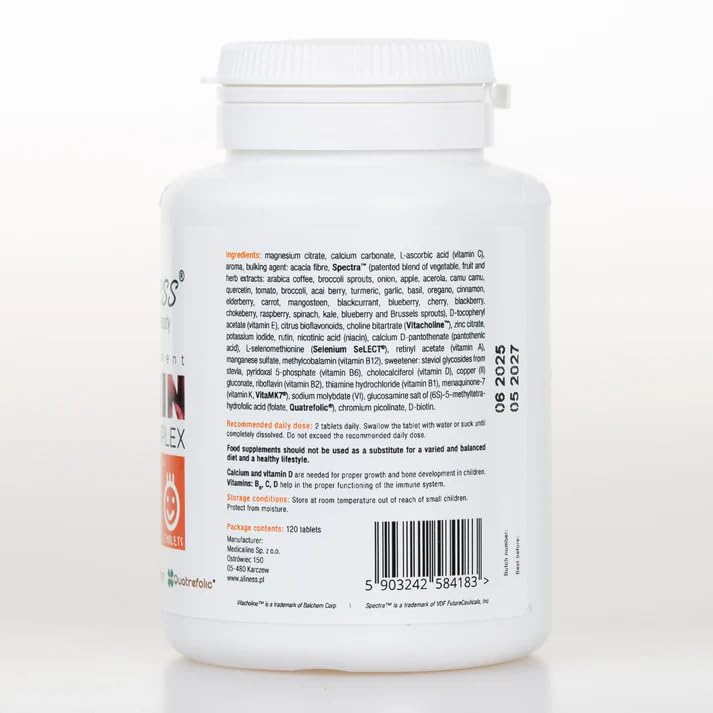 Aliness Premium Vitamin Complex Tablets for Children, 120 Tablets, 23 Vitamins and Minerals, Vegan, Gluten Free, for Children Aged 3 and Older