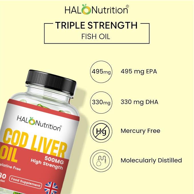 Cod Liver Oil Capsules high Strength 1000mg, 90 Capsules of High Strength Fish Oil, Rich in Omega 3. Supports Heart Health, Brain Health, Eye Health and Normal Blood Pressure Made in UK