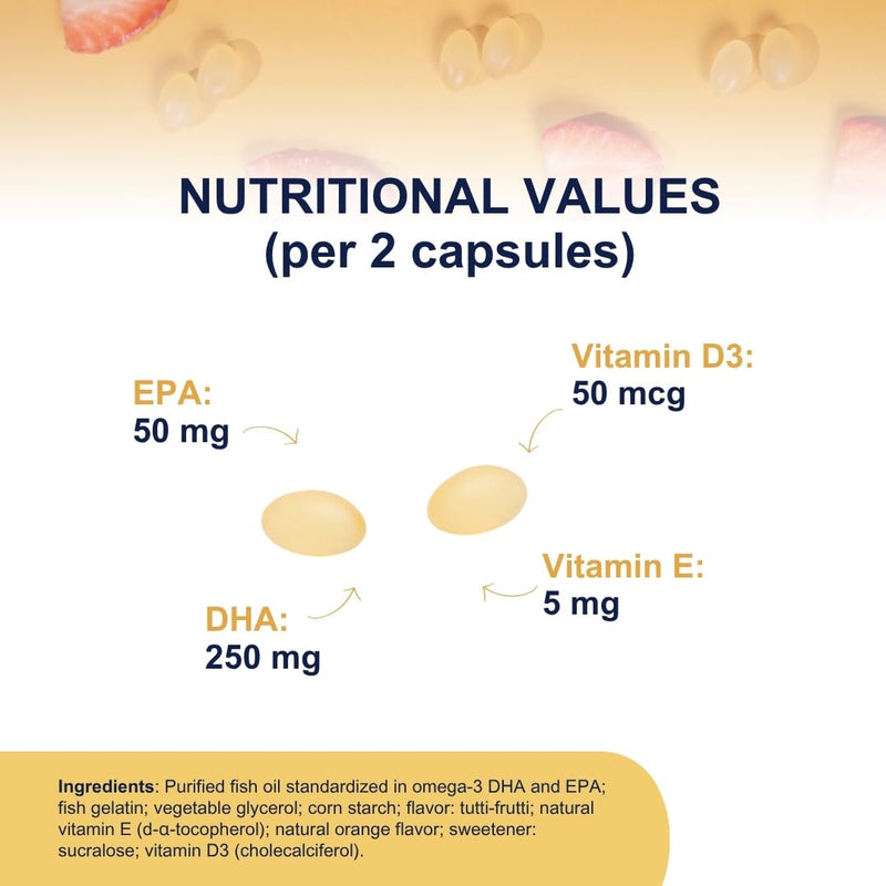 Omega 3 Kids OMEGOR - Omega3, 125mg DHA, Vitamin D3 and E for 3+ Children - Food Supplement for Brain, Eyes and Bones - 60 Fruit Flavoured Chewable Capsules