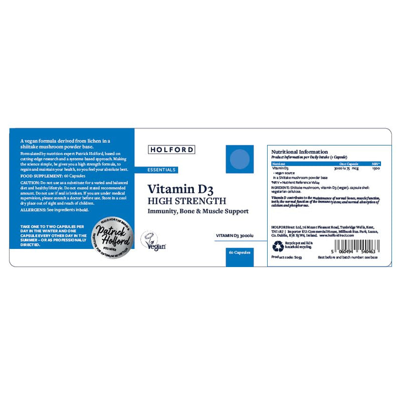 PATRICK HOLFORD Vitamin D High Strength/Vitamin D Supplement/for Immunity, Bone & Muscle Support / 1 Nutrient / 3000iu / D3 / Shiitake Mushroom Base/Naturally Sourced / 60 Capsules/Vegan /