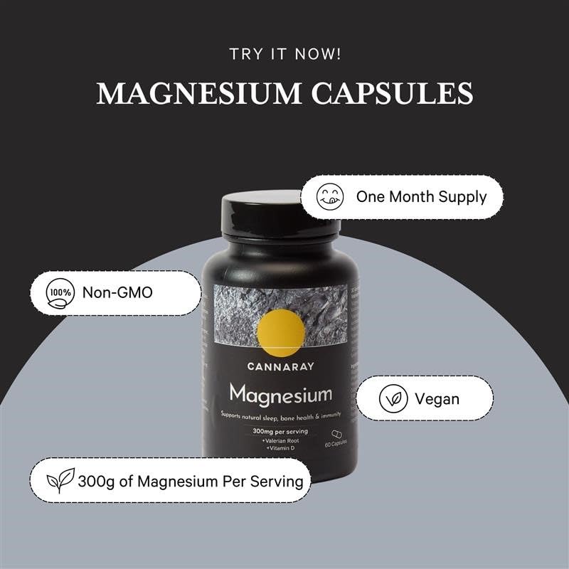 CANNARAY Magnesium Capsules 300mg with Added Valerian Root and Vitamin D. Supports Natural Sleep and Immunity