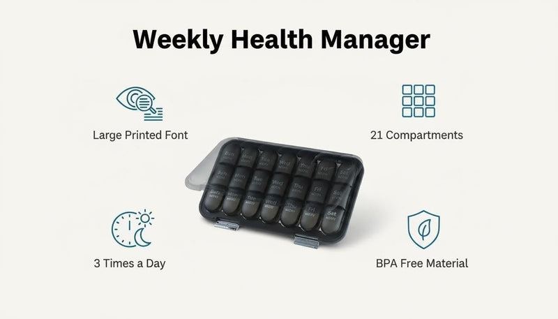Moisture-Proof Weekly Pill Organizer, 3 Times a Day Large Capacity 7-Day Travel Pill Box with Labels, Double Protection Daily Medicine Container for Vitamins/Supplements - Black