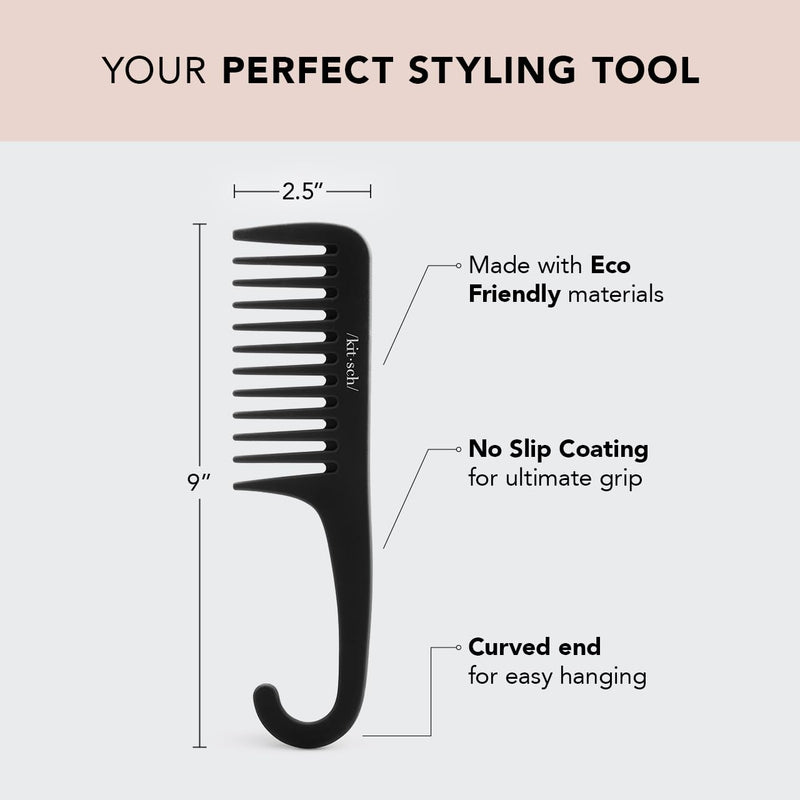 Kitsch Wide Tooth Detangler Comb - Curved Handle for Curly, Wet & Thick Hair, Black Shower Comb for Women Wide Tooth Comb