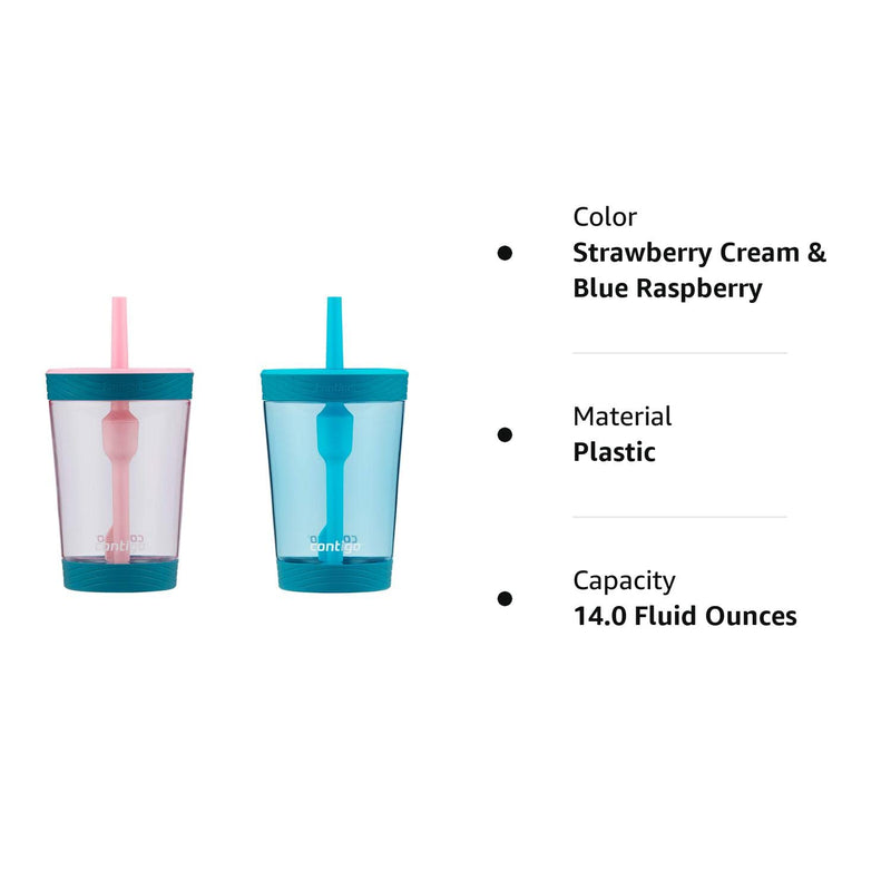 [Australia] - Contigo Kids Spill-Proof 14oz Tumbler with Straw and BPA-Free Plastic, Fits Most Cup Holders and Dishwasher Safe, 2-Pack Strawberry Cream & Blue Raspberry 14 oz 