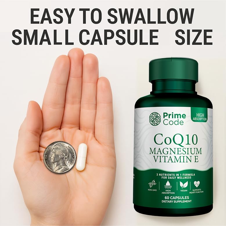 Prime Code [ 3 𝐢𝐧 𝟏] CoQ10 250mg with Magnesium Glycinate and Vitamin E | CoQ10 Capsules 250mg | Magnesium Glycinate 200mg | Vitamin E 15mg | Non-GMO | Gluten & Soy Free | Vegan