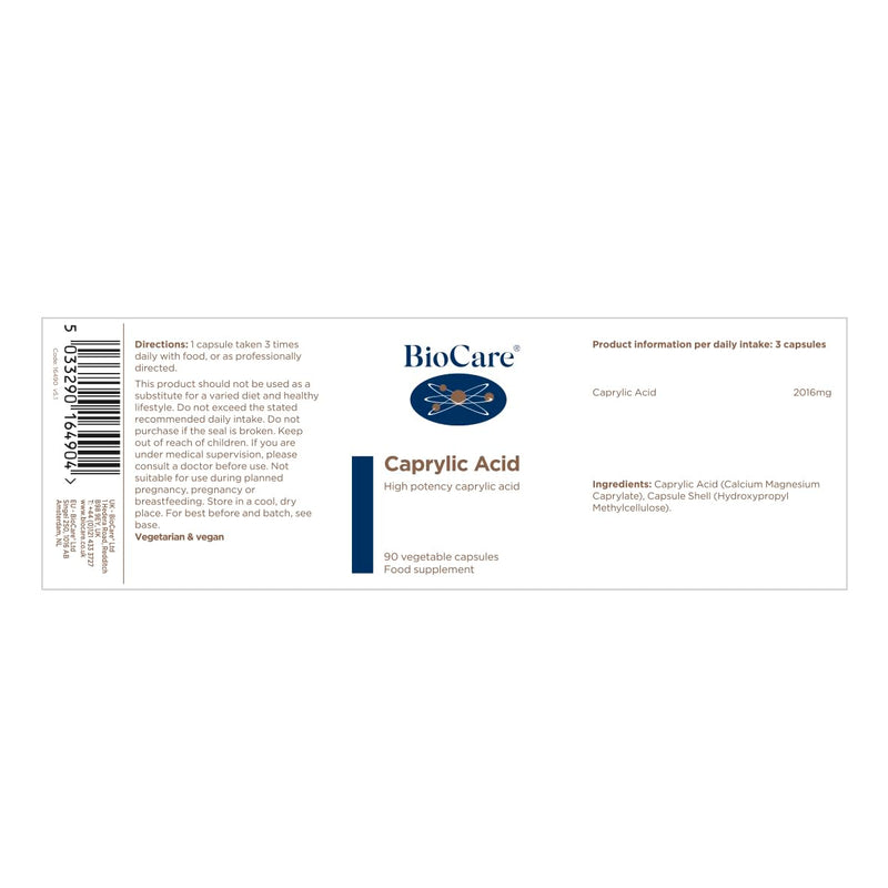 BioCare Caprylic Acid - High Strength Buffered with Calcium and Magnesiuma - Vegan Friendly - 90 Capsules