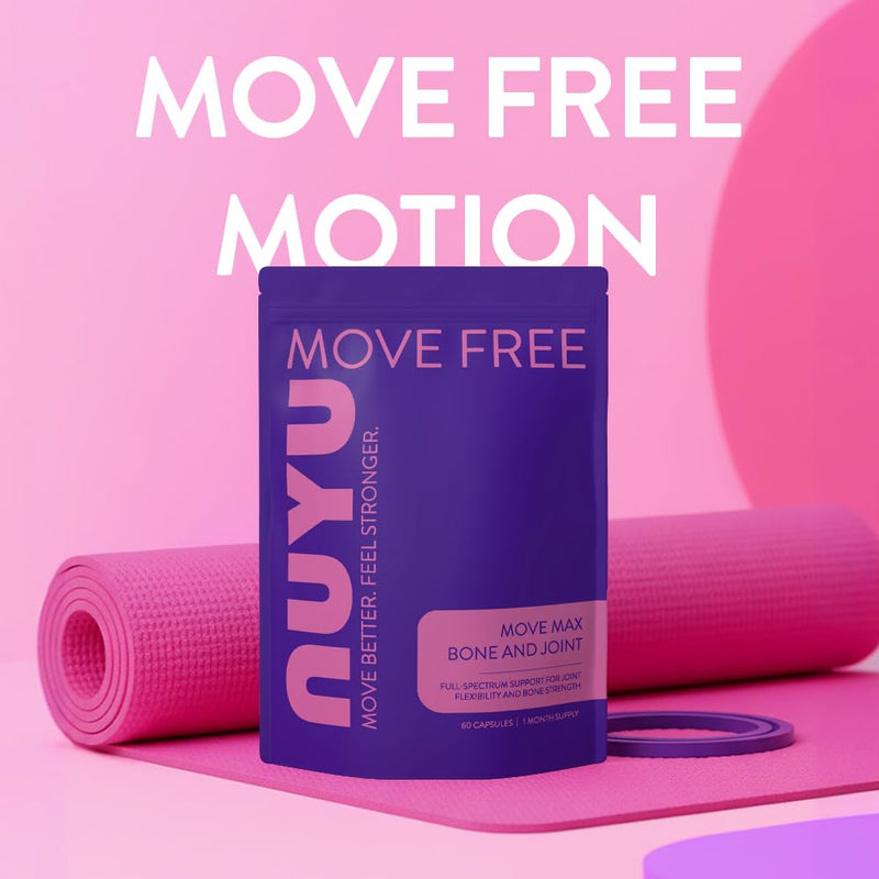 NUYU Move Max - Bone & Joint Capsules. Daily Supplement with Glucosamine Sulphate to Support Joint Comfort, Mobility & Flexibility. Two-a-Day, 1 Month Supply. Made in The UK.