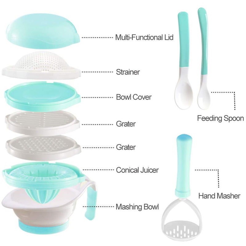 [Australia] - Versatile Baby Food Maker Set - Toddler Food Mills with Mash Bowl, Hand Masher, Citrus Juicer, Grater - Making Homemade Baby Food - Fruits and Vegetables Masher - No BPA (Mint Green) Mint Green 